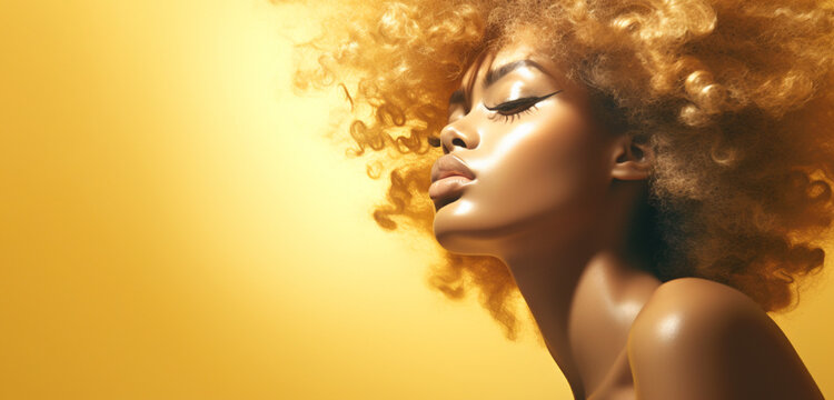 Multiracial woman of golden makeup with natural beauty. Copy space. Banner.
