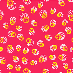 Line Globe and people icon isolated seamless pattern on red background. Global business symbol. Social network icon. Vector