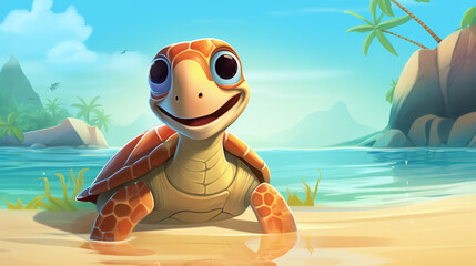 A cartoon, cheerful baby turtle that moves towards the ocean along a sandy beach. Logo for reptile products