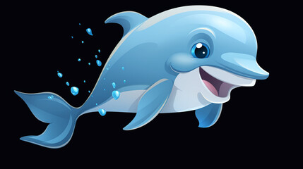 Obraz premium Cartoon blue dolphin isolated on dark background, icon or logo for aquarium.