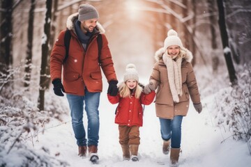 a happy family walks in the winter forest in nature