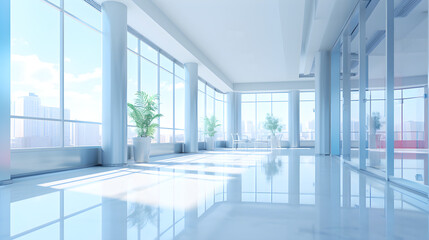 The hall of an office or medical institution with panoramic windows and perspective, with a blurred background of light,