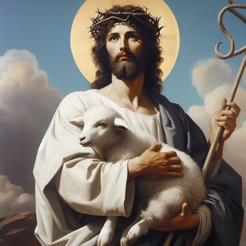 Jesus de Nazar&eacute; Segurando uma Ovelha e um Cajado, e a Coroa de Espinhos.