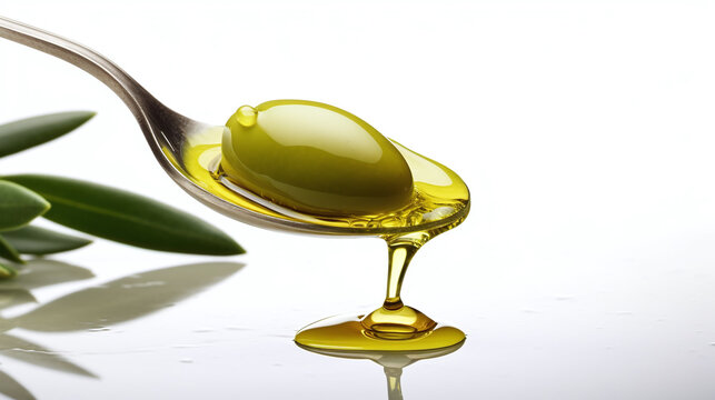 simple still life with spoon filled with olive oil and olives and  leaves from olive tree as decortation isolated against white background