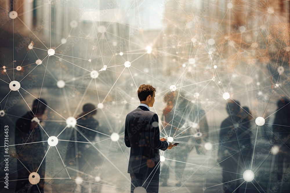 Poster a businessman is passing a person surrounded with network shapes, in the style of soft edges and blu