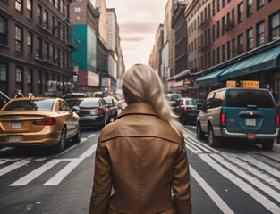 Fototapeta na wymiar Woman walking in the middle of a big street. Big city. New York. Blond and european woman. Generative AI
