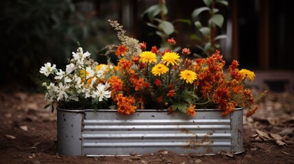  a bunch of flowers that are sitting in a metal container on the ground with dirt on the ground and dirt on the ground and dirt on the ground.