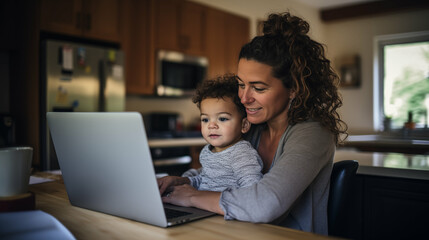 Latin woman multi-tasking working at a laptop with her young son at home. Generative AI. - Powered by Adobe