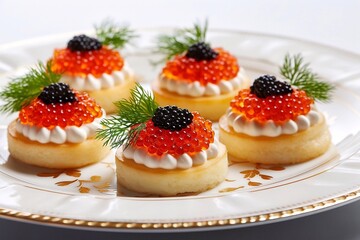 Tartlets with red and black caviar on a white plate