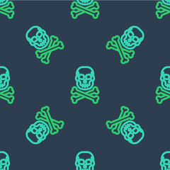 Line Skull on crossbones icon isolated seamless pattern on blue background. Happy Halloween party. Vector