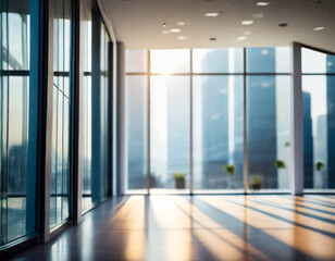 Fototapeta premium a Beautiful blurred background of a light modern office interior with panoramic windows and beautiful lighting.