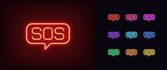 Outline neon SOS icon set. Emergency call, glowing neon bubble message with text SOS. Signal SOS for rescue service, distress alert and crush, need help. Emergency and hotline service. Vector icon set