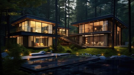  a couple of houses sitting in the middle of a forest next to a body of water on a lush green hillside.