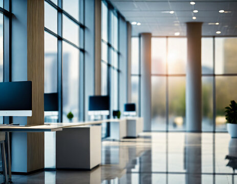 out of focus shot of Beautiful blurred background of a light modern office interior with panoramic windows and beautiful lighting
