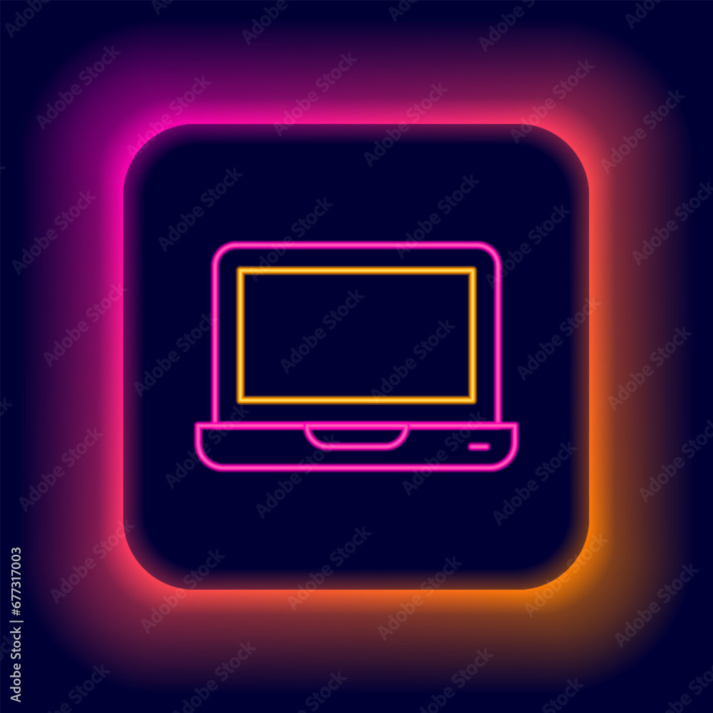 Sticker Glowing neon line Laptop icon isolated on black background. Computer notebook with empty screen sign. Colorful outline concept. Vector