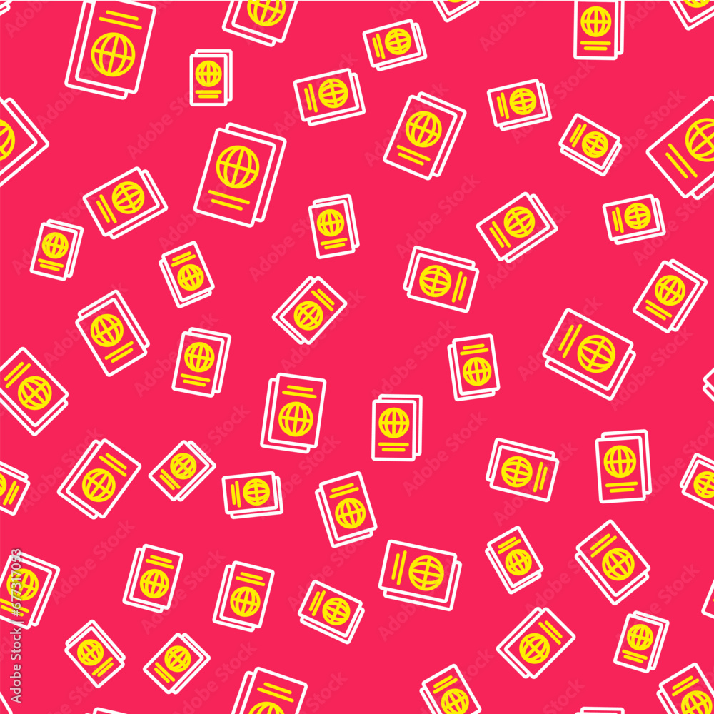 Poster line passport with biometric data icon isolated seamless pattern on red background. identification d
