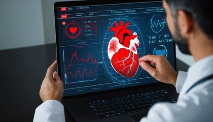 Cardiologist doctor examine patient heart functions and blood vessel on virtual interface. Medical technology and healthcare concept diagnose heart disorder and disease of cardiovascular system. - Powered by Adobe