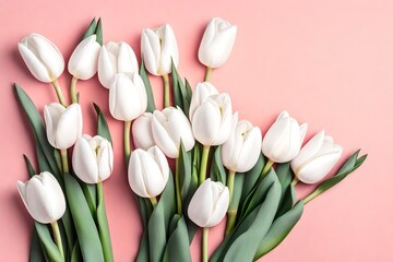 Bouquet of white tulips flowers on pink background. Card for Mothers day, 8 March, Happy Easter. Waiting for spring. Greeting card or wedding invitation. Flat lay, top view