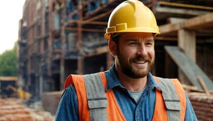 Happy construction worker and work. portrait of satisfied bricklayer with copy space - obrazy, fototapety, plakaty
