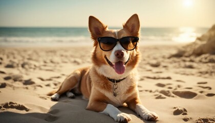 happy smiling dog wearing sunglass sunbathing in beach  summer vacation concept 