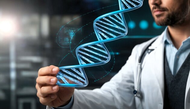 Medicine doctor holding blue helix DNA structure on hologram modern virtual screen interface and diagnose healthcare on digital network, Science, Medical technology and futuristic concept.
