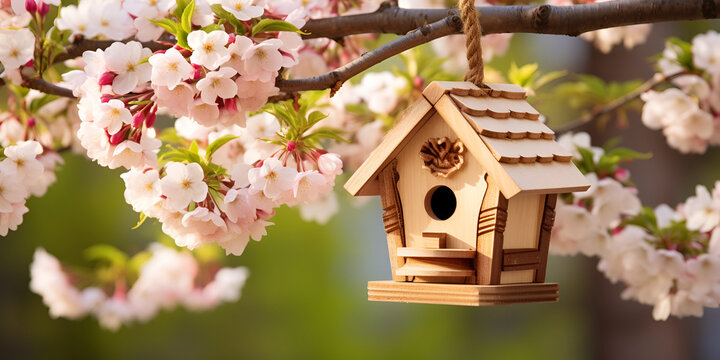 beautiful Little Birdhouse in Spring with blossom cherry flower sakura, Decorative nesting box on bright blossom cherry flower background. Generative AI © Rimsha