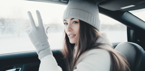 Happy woman portrait in a car at winter,  showing victory peace sign with fingers and smiling at camera. Travel and winter vacations concepts. Gesture peace