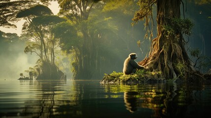  a bear is sitting on a small island in the middle of a body of water with trees in the background. - obrazy, fototapety, plakaty