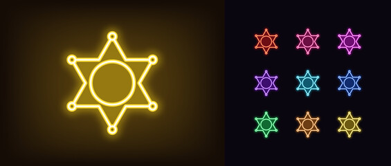 Outline neon sheriff star icon set. Glowing neon sheriff badge, police department and officer sign, law star. Gaming cowboy western, Wild West. Wanted star, game pursuit and chasing. Vector icon set
