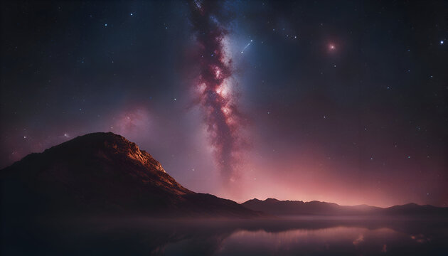 Milky way over mountain range and lake. 3D Rendering