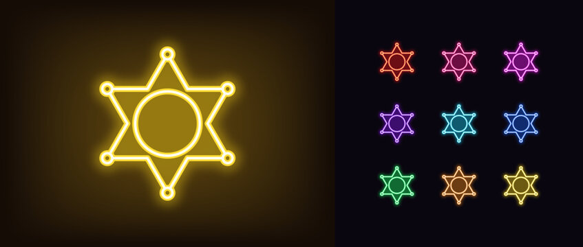 Outline neon sheriff star icon set. Glowing neon sheriff badge, police department and officer sign, law star. Gaming cowboy western, Wild West. Wanted star, game pursuit and chasing. Vector icon set