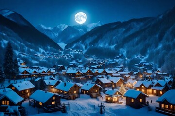 Rising of full moon over the mountain village in majestic moonlight at Christmas night. Fairytale winter valley. Happy New Year time - Powered by Adobe
