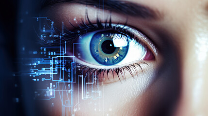 Modern cyber woman with technolgy eye looking. The young woman 's eye is close-up. The concept of the new technology is iris recognition.
