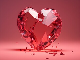 Broken red heart 3d design, shattered into pieces, isolated on white, glass, dramatic tragic, modern color pastel pink, black background, realistic, breakup concept with copy space 