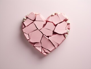 Broken red heart 3d design, shattered into pieces, isolated on white, glass, dramatic tragic, modern color pastel pink, black background, realistic, breakup concept with copy space 