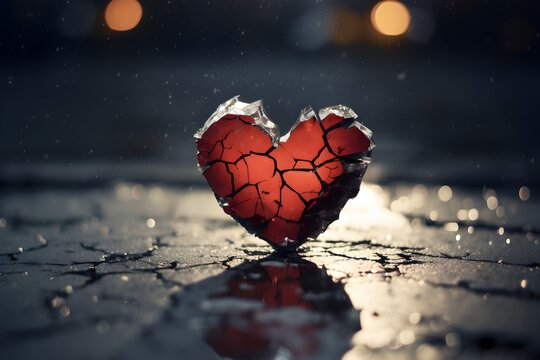Broken red heart 3d design, exploded shattered into pieces, isolated on dramatic tragic dark black background, raining, crackles, realistic, breakup concept with copy space 