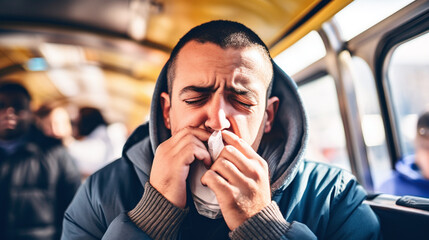 male person in the bus blowing his nose - obrazy, fototapety, plakaty
