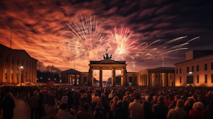 new years eve with fireworks over Berlin: Brandenburg Gate and fireworks - obrazy, fototapety, plakaty