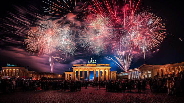 new years eve with fireworks over Berlin: Brandenburg Gate and fireworks