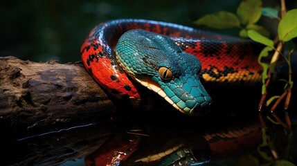  a red and blue snake sitting on top of a tree branch next to a body of water with greenery in the background.