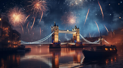 new years eve with fireworks over London and its famous Tower Bridge