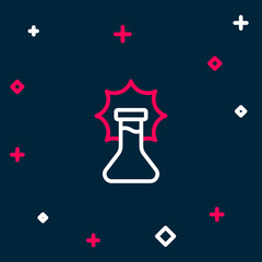 Line Chemical experiment, explosion in the flask icon isolated on blue background. Chemical explosion in a test tube. Colorful outline concept. Vector