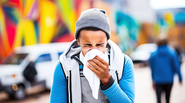 male person in the bus blowing his nose