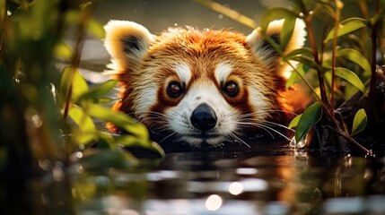  a close up of a red panda swimming in a body of water with plants in the foreground and a blurry...