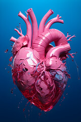 Pink heart. Realistic 3d design, futuristic. Valentine's Day. Romantic blue color background with copy space, creative banner, web poster.
