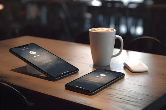 Phone 7 Plus and phone 7 Plus with Uber app on table in cafe.