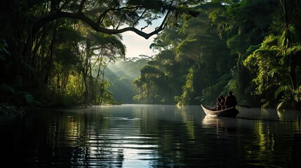  two people in a row boat on a river in the middle of a lush green forest filled with tall trees.