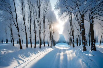 Winter landscape with fair trees under the snow. Scenery for the tourists. Christmas holidays. Trampled path in the snowdrifts. Scenic Tree Lined Winter Road