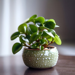 Ficus in a pot on a wooden table. Selective focus.