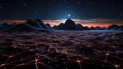 Intricate glass pyramid igloo on a lake. Glowing lights mountain reflection. Night sky abstract landscape architecture. - obrazy, fototapety, plakaty